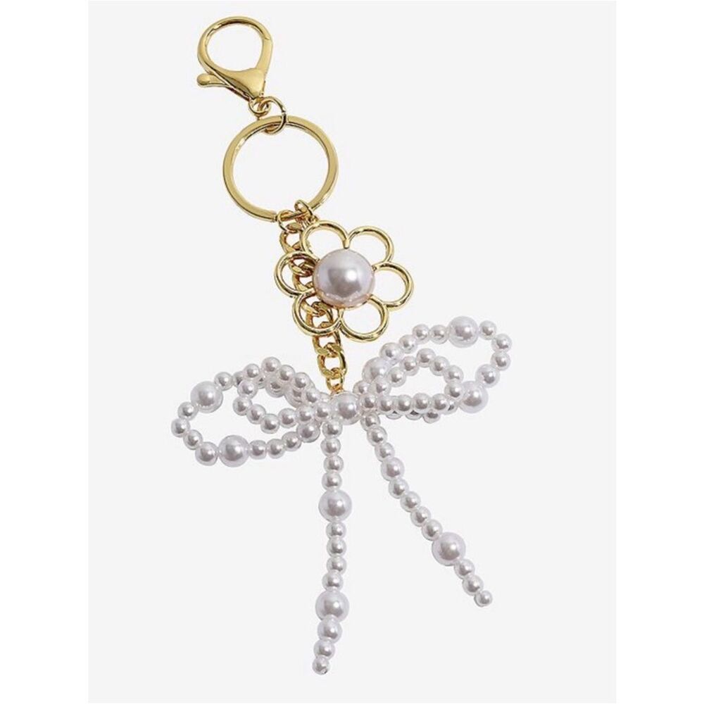 New Emberly Pearl Bow Keychain with Gold Flower Accent